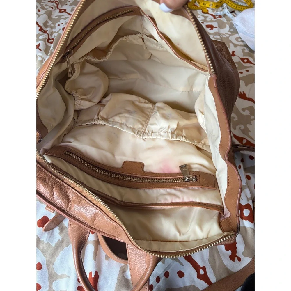 Mina Baie Stevie Tan Pebbled Leather Backpack Diaper Bag Gold Hardware
